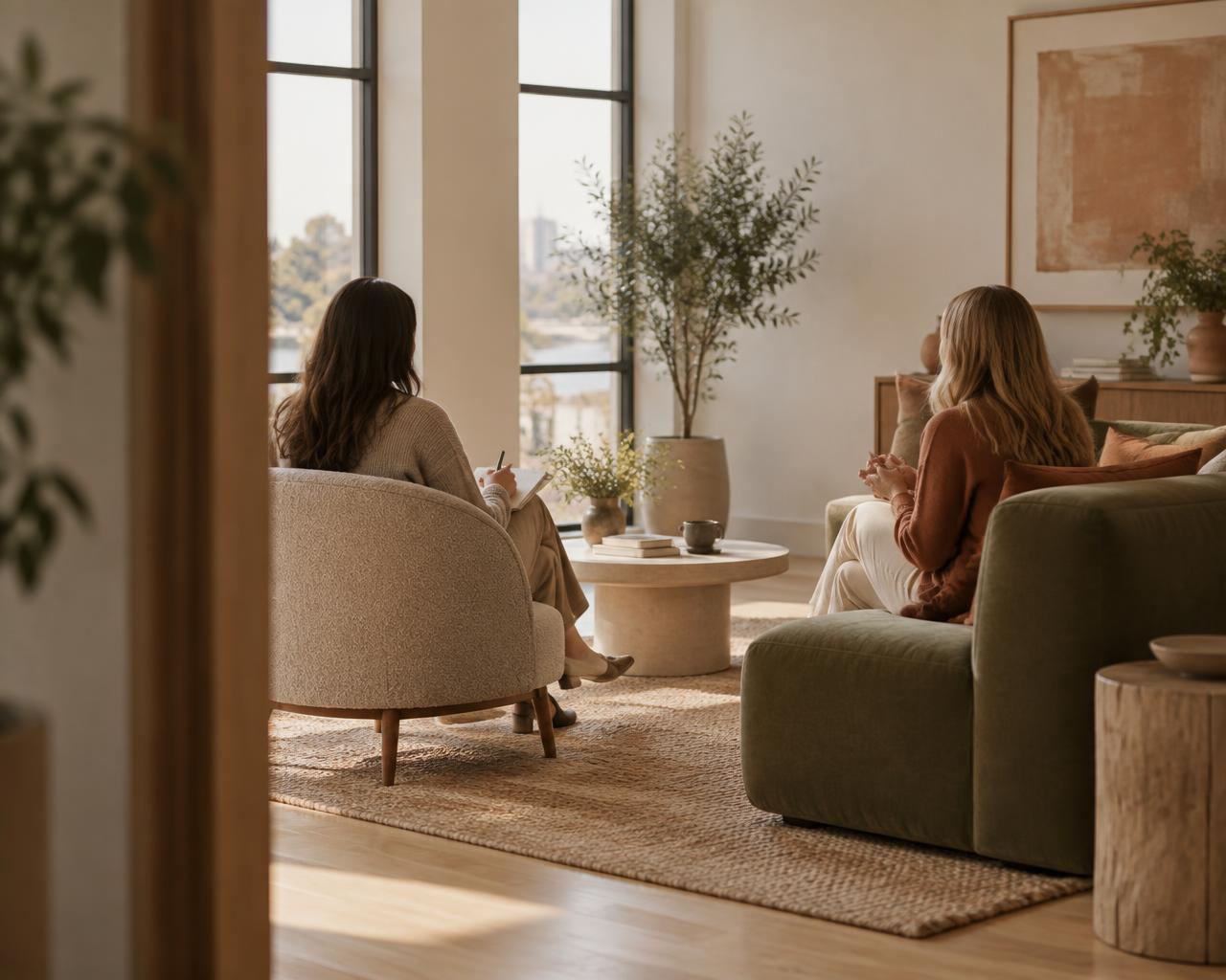 Een coachinggesprek vanuit de verte, twee mensen in een rustige ruimte