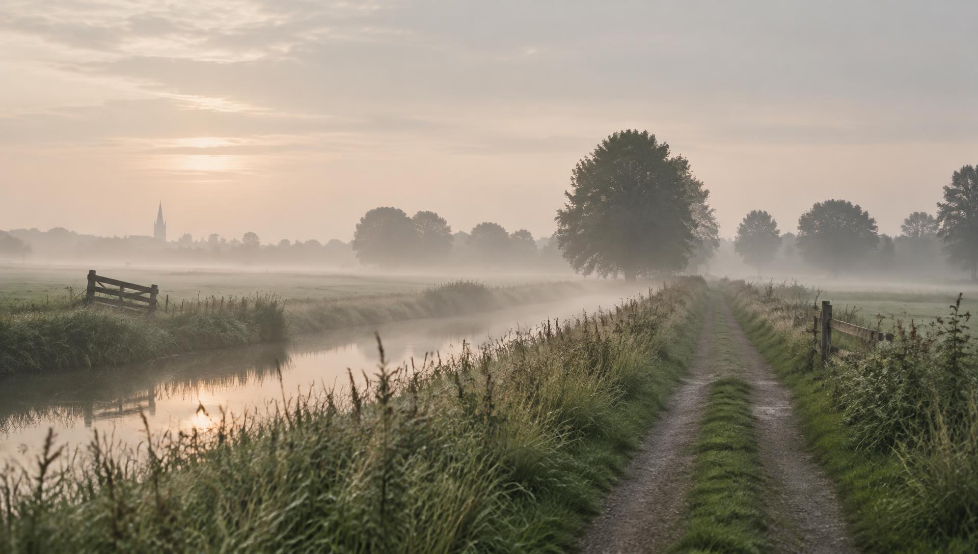 Rustig Nederlands landschap in de ochtendnevel
